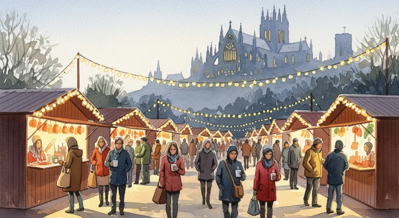 Festliche Stimmung beim Advent Domberg Freising, dargestellt in einem Aquarell-Gemälde eines Weihnachtsmarktes.