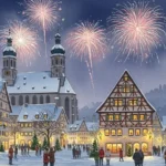 Silvester Freising: Die besten Tipps für den Jahreswechsel 2025 Aquarellzeichnung von Feuerwerk über der Stadt passend zu Silvester Freising