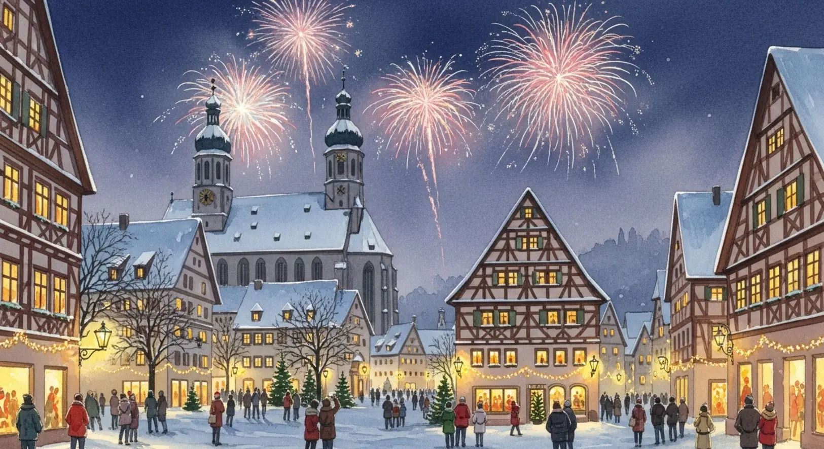 Aquarellzeichnung von Feuerwerk über der Stadt passend zu Silvester Freising