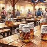 Aquarellzeichnung eines gefüllten Steinkrugs auf einem Holztisch beim Starkbierfest Freising