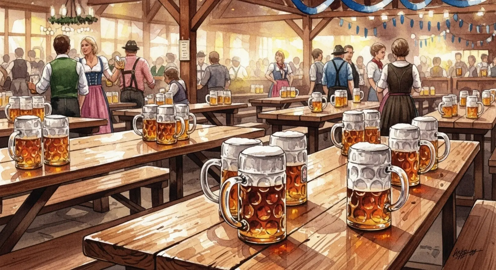 Aquarellzeichnung eines gefüllten Steinkrugs auf einem Holztisch beim Starkbierfest Freising