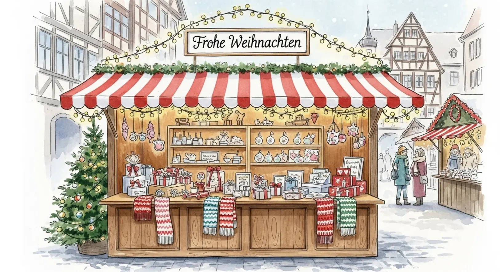 Ein Stand mit Weihnachtsgeschenke Freising lokal auf einem stimmungsvollen Christkindlmarkt.