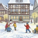 Eine bunte Illustration zeigt verschiedene Winteraktivitäten für Kinder in Freising, darunter Rodeln und Schneemannbauen.