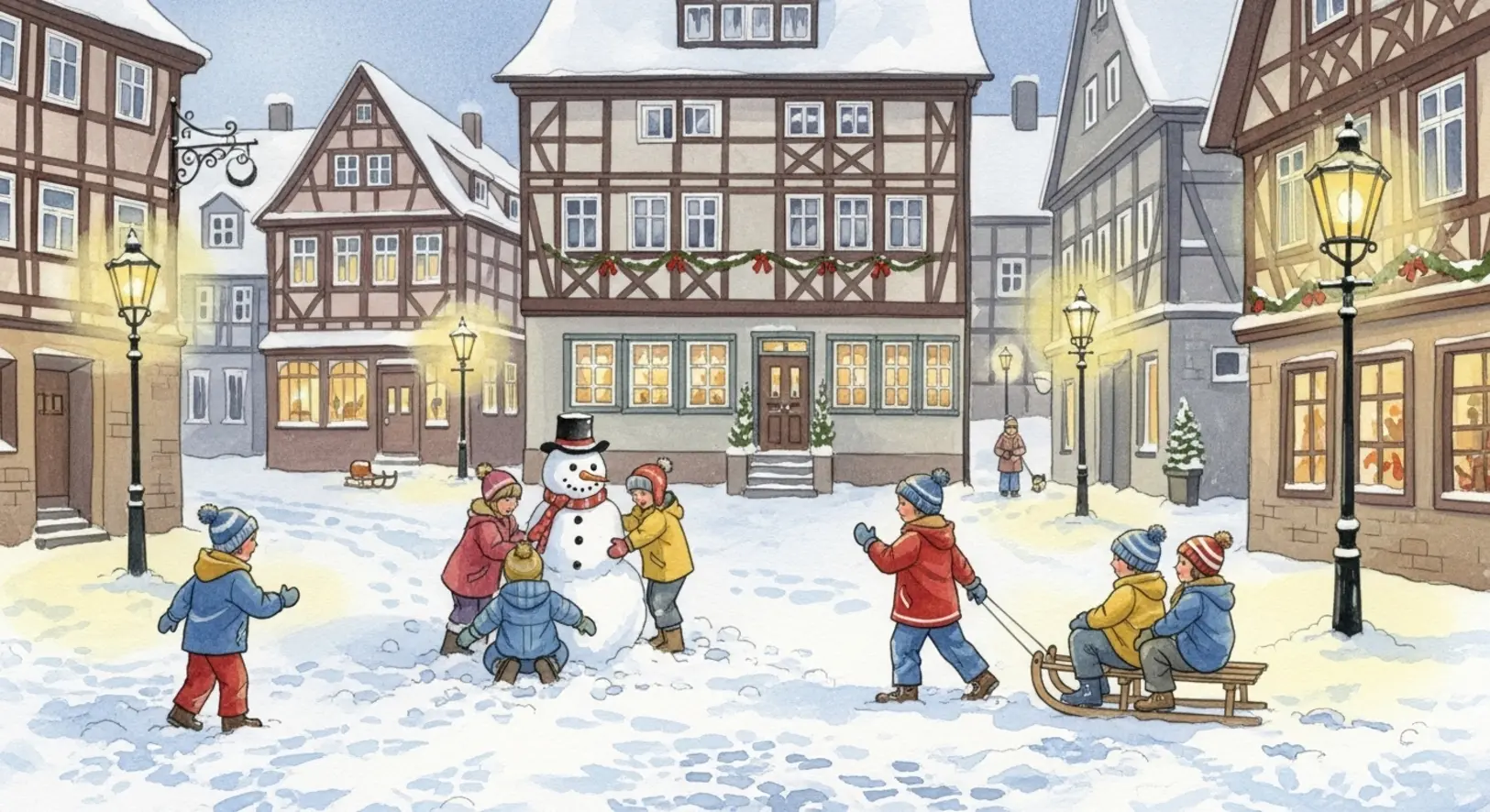 Eine bunte Illustration zeigt verschiedene Winteraktivitäten für Kinder in Freising, darunter Rodeln und Schneemannbauen.