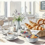 Gedeckter Tisch mit Kaffee und Gebäck für ein leckeres Frühstück Freising