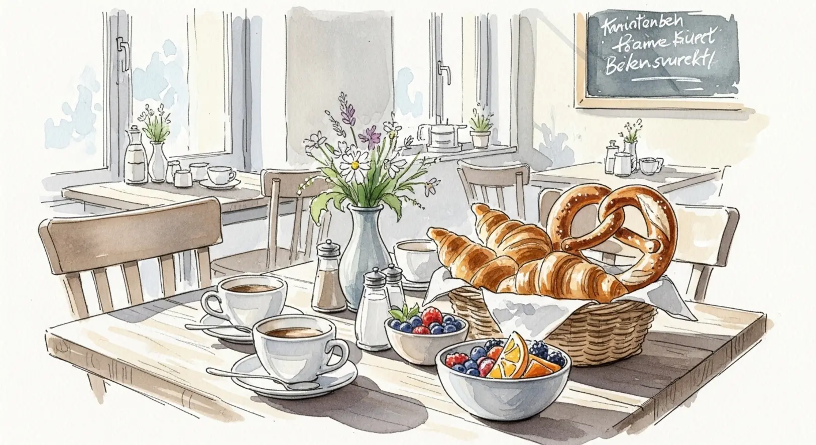 Gedeckter Tisch mit Kaffee und Gebäck für ein leckeres Frühstück Freising