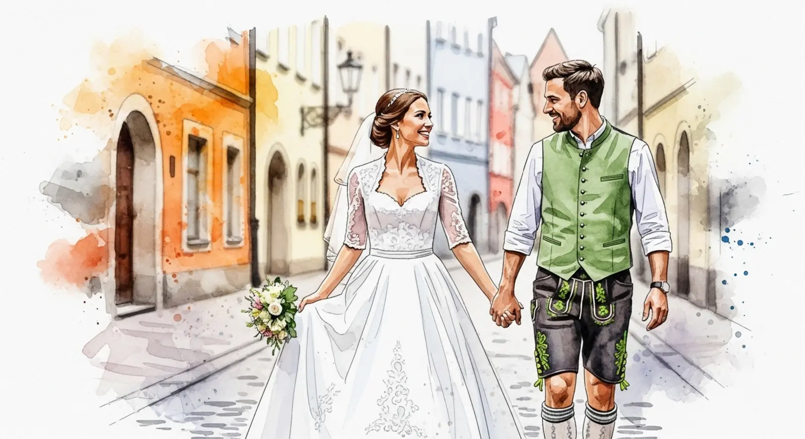 Brautpaar spaziert durch die Altstadt beim Heiraten in Freising