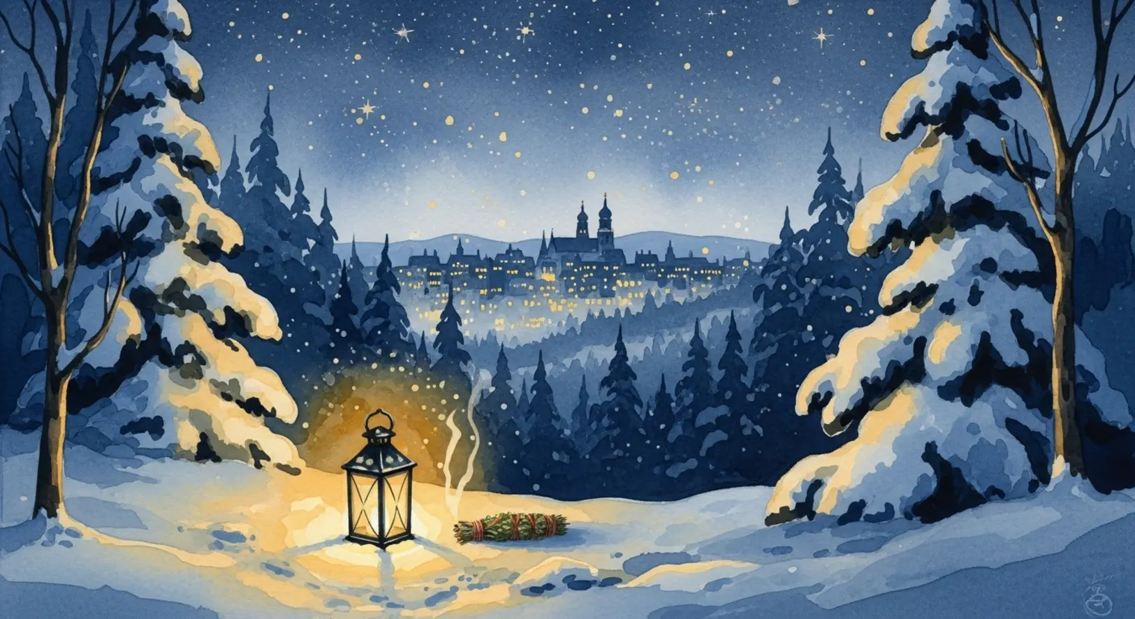 Raunächte Freising winterliche Szene mit Laterne und Räucherwerk