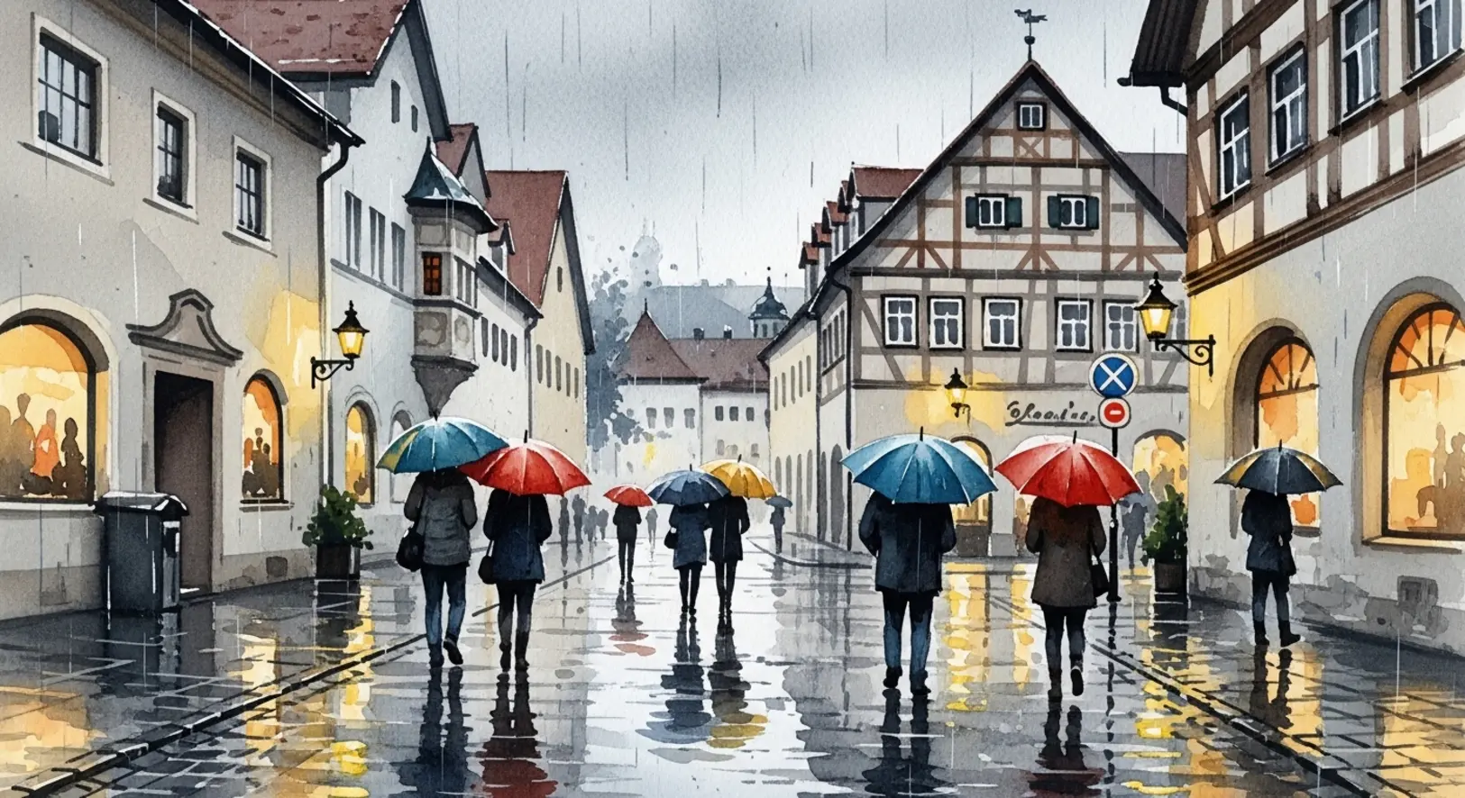 Zeichnung von Menschen mit Regenschirmen in Freising bei Regen