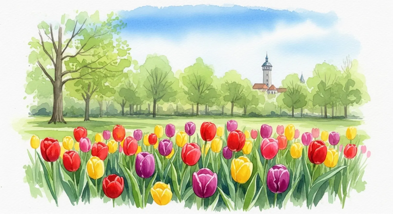 Frühling in Freising mit blühenden Tulpen und grüner Natur