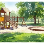 Malerischer Spielplatz im Grünen mit Klettergerüst und Rutsche – Spielplätze Freising