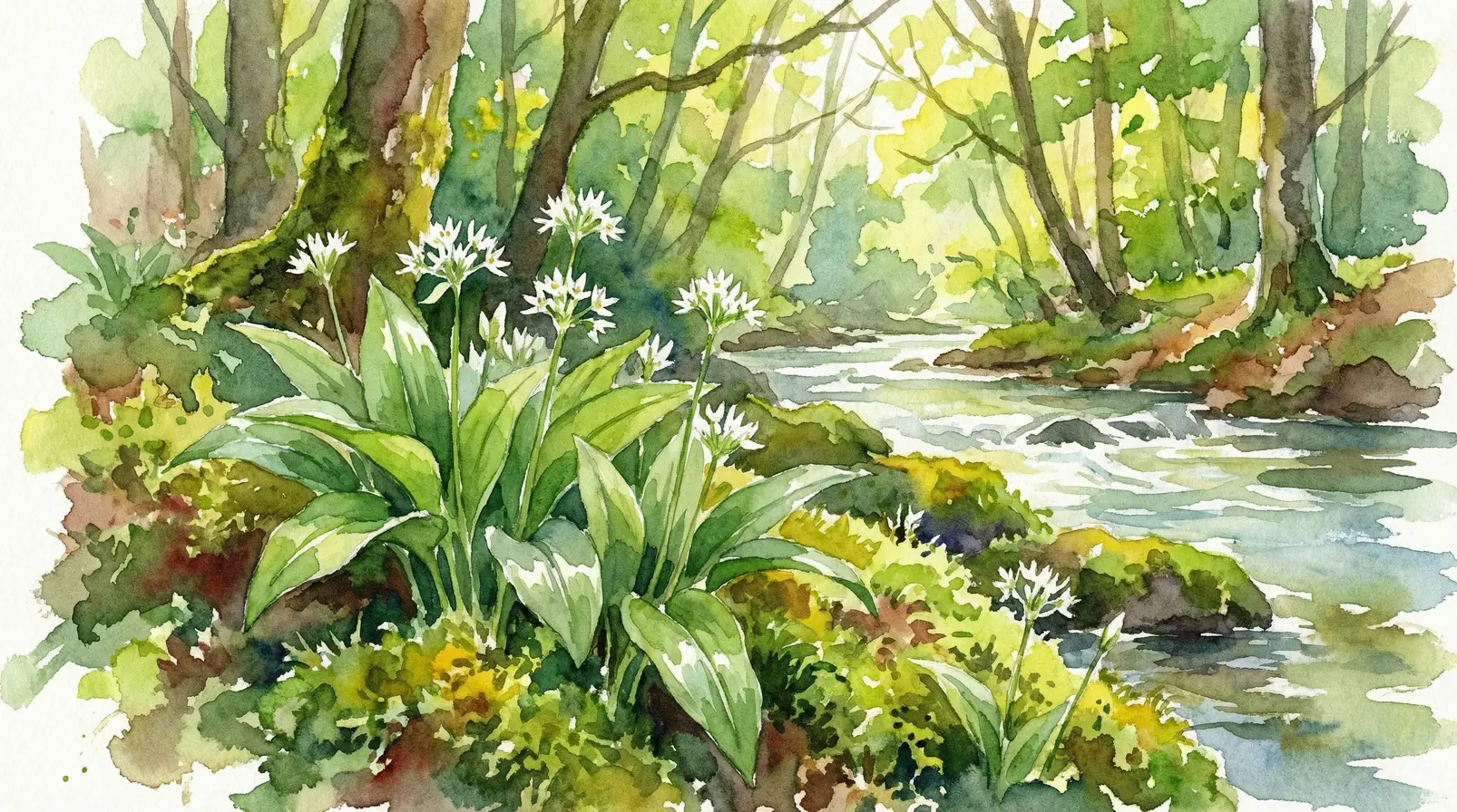 Frische grüne Blätter beim Bärlauch sammeln Freising im Wald.