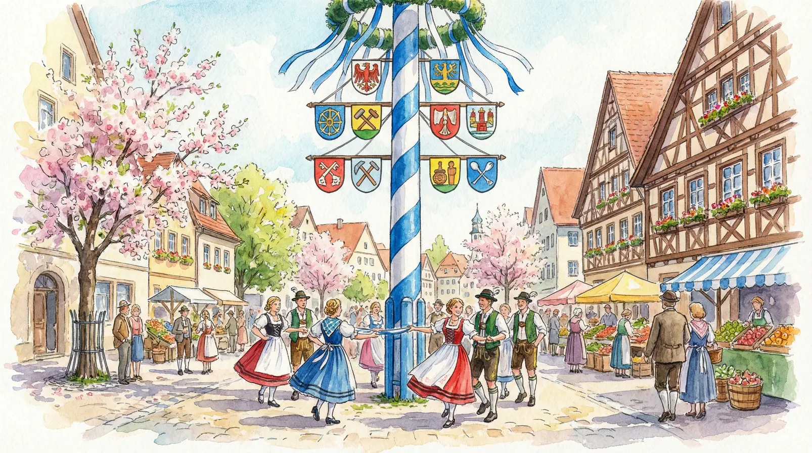 Ein festlich geschmückter Baum beim traditionellen Maibaumaufstellen Freising.