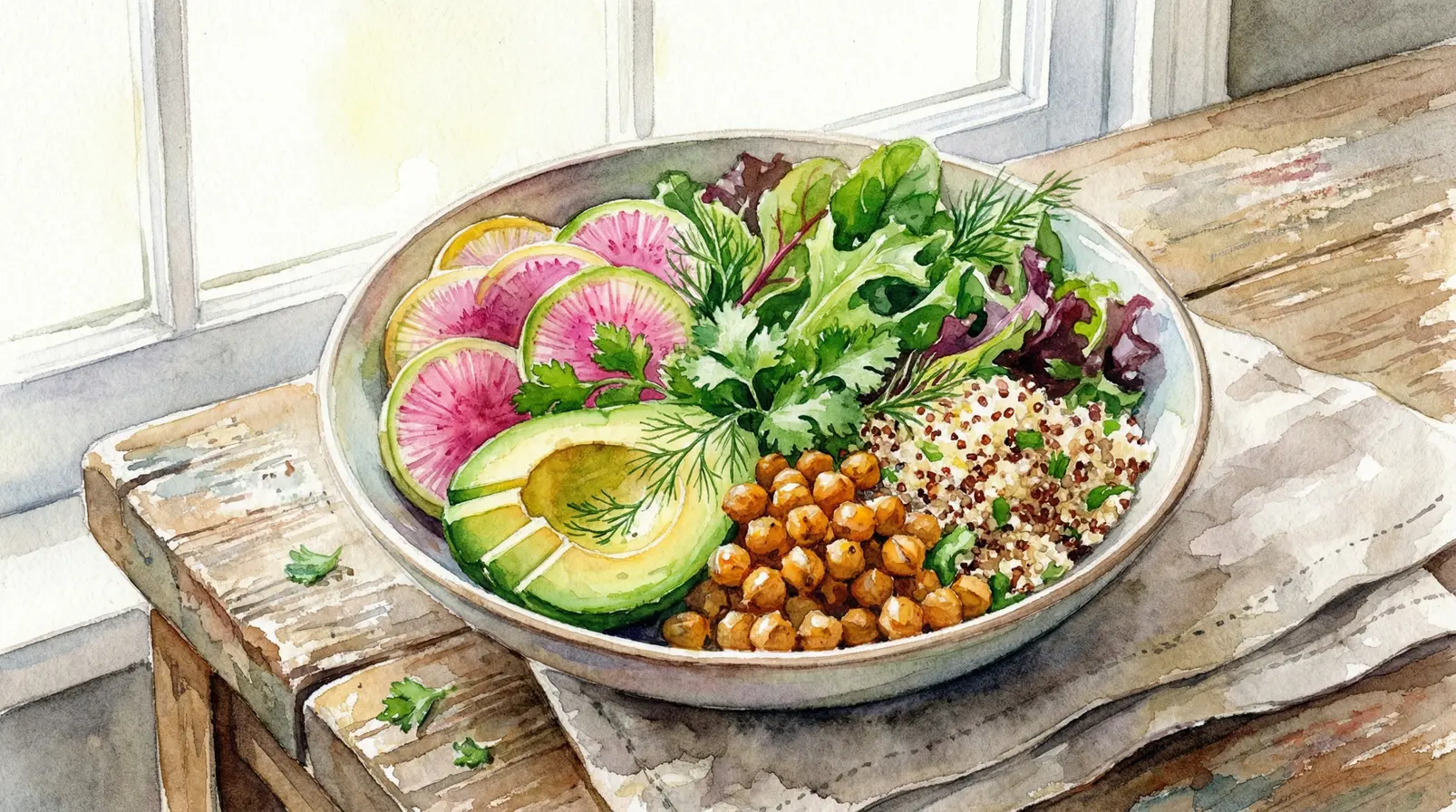 Eine bunte und gesund angerichtete Schüssel mit Gemüse als Symbol für Vegan Freising.