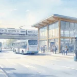 Flughafen München Freising: Tipps für Anreise & Parken Eine künstlerische Darstellung der Verkehrsmittel am Flughafen München Freising im Aquarellstil.