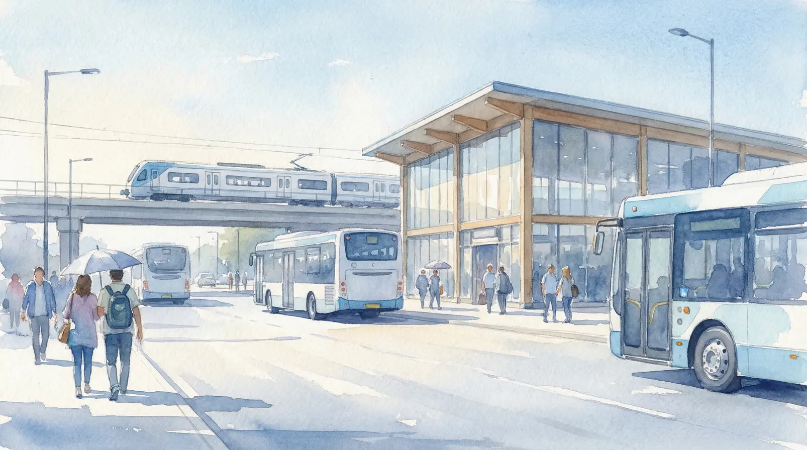 Eine künstlerische Darstellung der Verkehrsmittel am Flughafen München Freising im Aquarellstil.