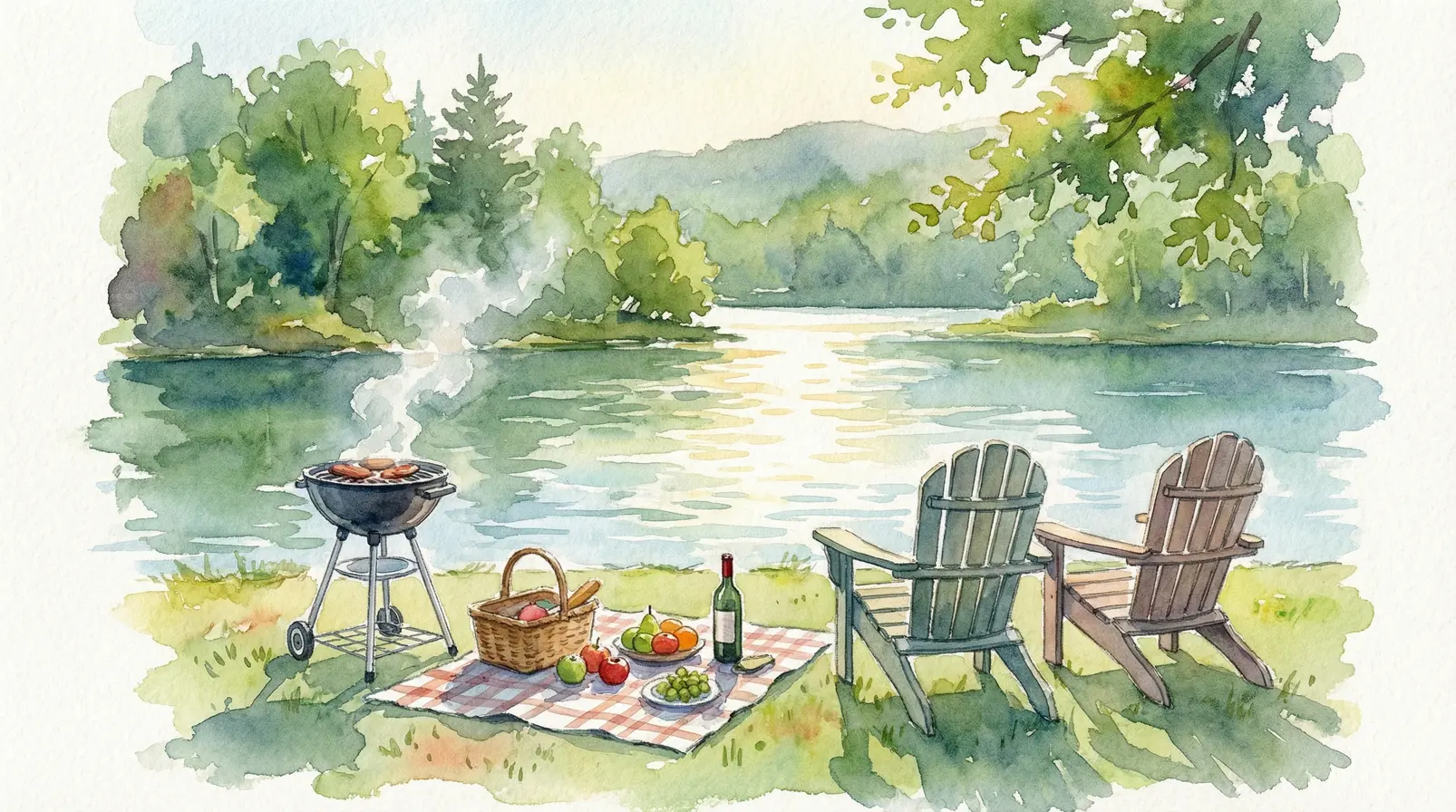 Ein gemütlicher Nachmittag an einem der Grillplätze Freising im Aquarell-Stil.