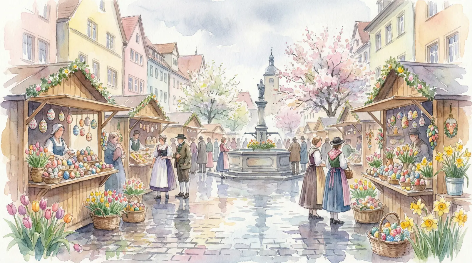 Traditionell bemalte Eier und Frühlingsdekoration auf dem Ostermarkt Freising